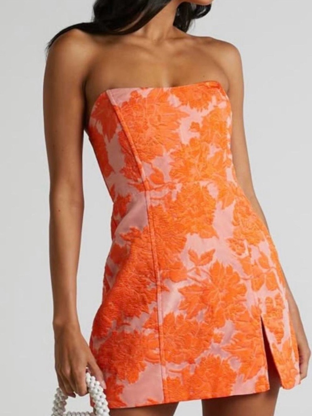 Showpo Pink and Orange Strapless Floral Jacquard Mini Dress